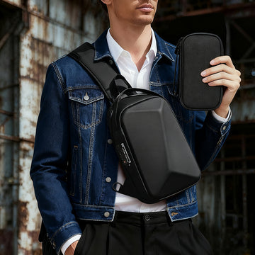 BOGO! 2-piece set Men's Hard Shell Anti-Theft Sling Bag  Combination Lock  Trendy Streetwear Versatile Design